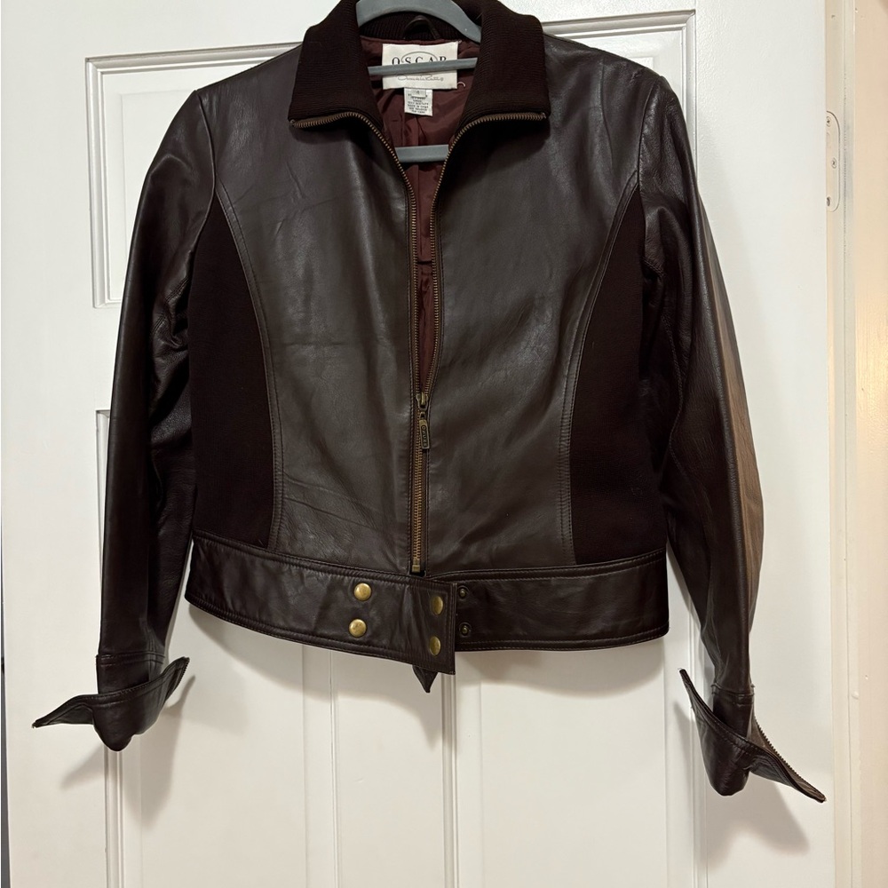 Oscar de la Renta Brown Leather Jacket — Women’s Size 4, Zipper & Snap Details
